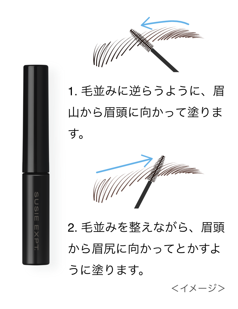 1. 毛並みに逆らうように、眉山から眉頭に向かって塗ります。2. 毛並みを整えながら、眉頭から眉尻に向かってとかすように塗ります。