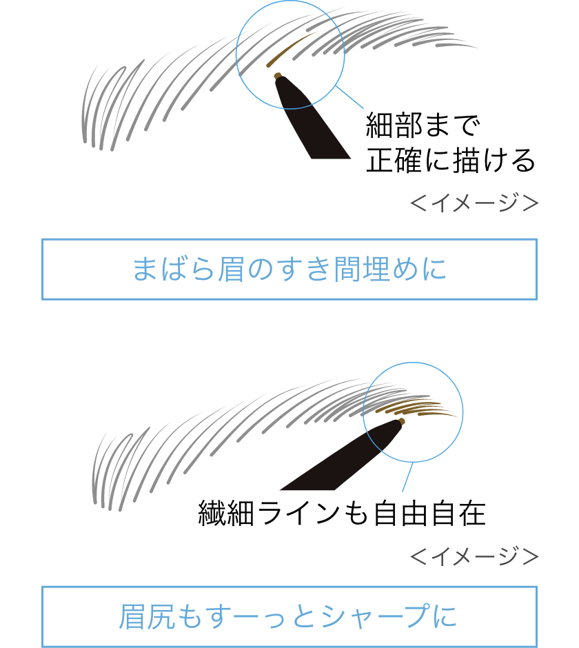 細部まで正確に描ける まばら眉のすき間埋めに 繊細ラインも自由自在 眉尻もすーっとシャープに